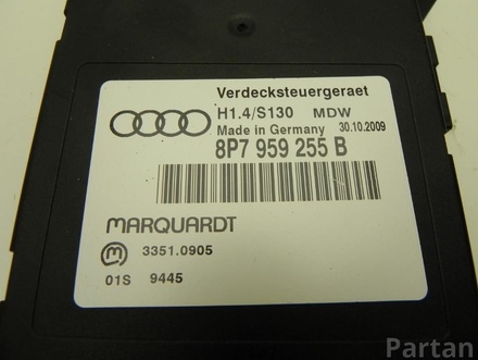 AUDI 8P7 959 255 B / 8P7959255B A3 Convertible (8P7) 2010 Control unit for convertible roof controls